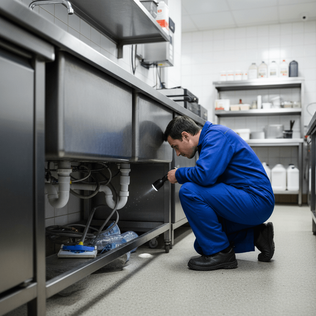 Inspektion unter einer Spüle in einer Großküche auf Insektenbefall.