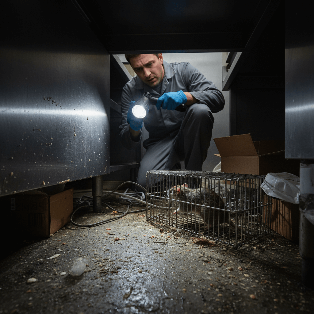 Kammerjäger überprüft eine Rattenköderstation in einer dunklen Kellerecke.