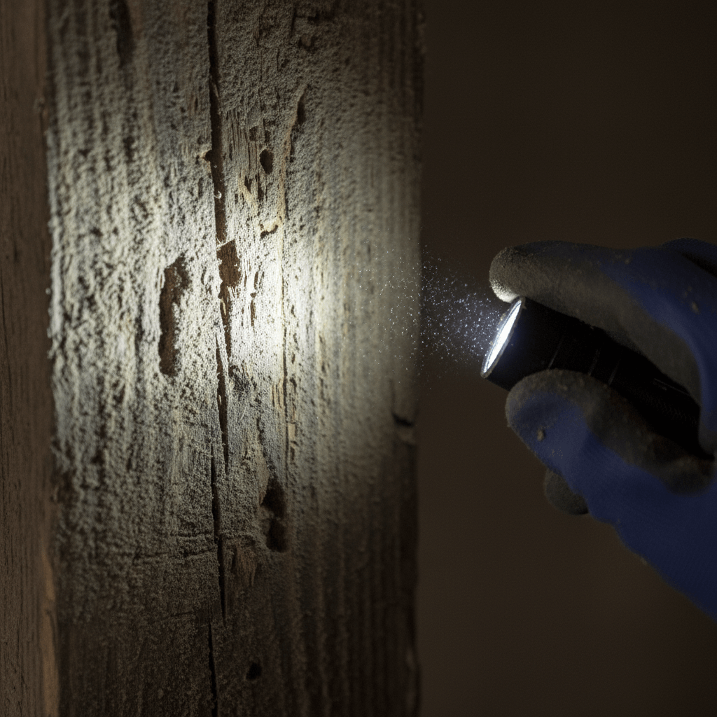 Detaillierte Inspektion eines Holzbalkens mit Taschenlampe auf Anzeichen von Holzwurmbefall.