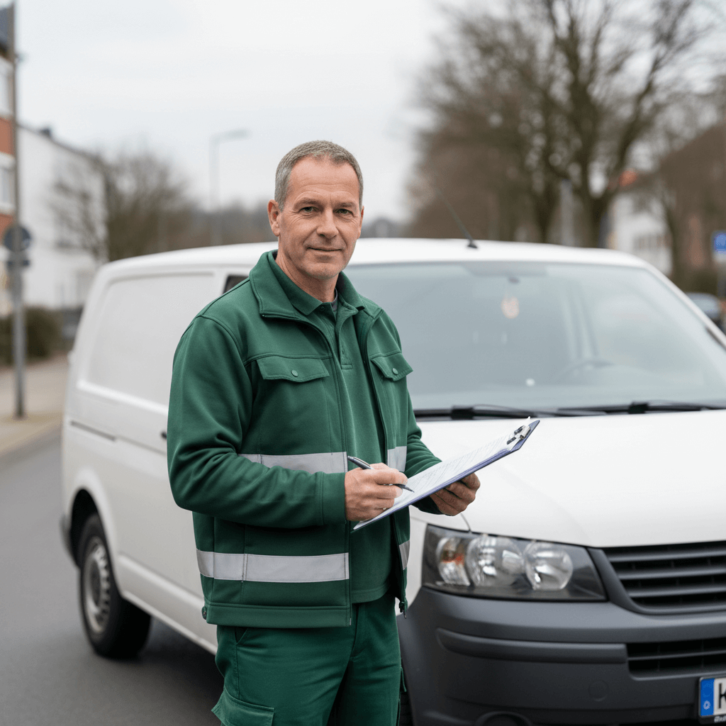 Erfahrener Schädlingsbekämpfer Meister vor seinem Servicefahrzeug mit professioneller Ausrüstung für Ungezieferbekämpfung und Holzwurmbekämpfung.