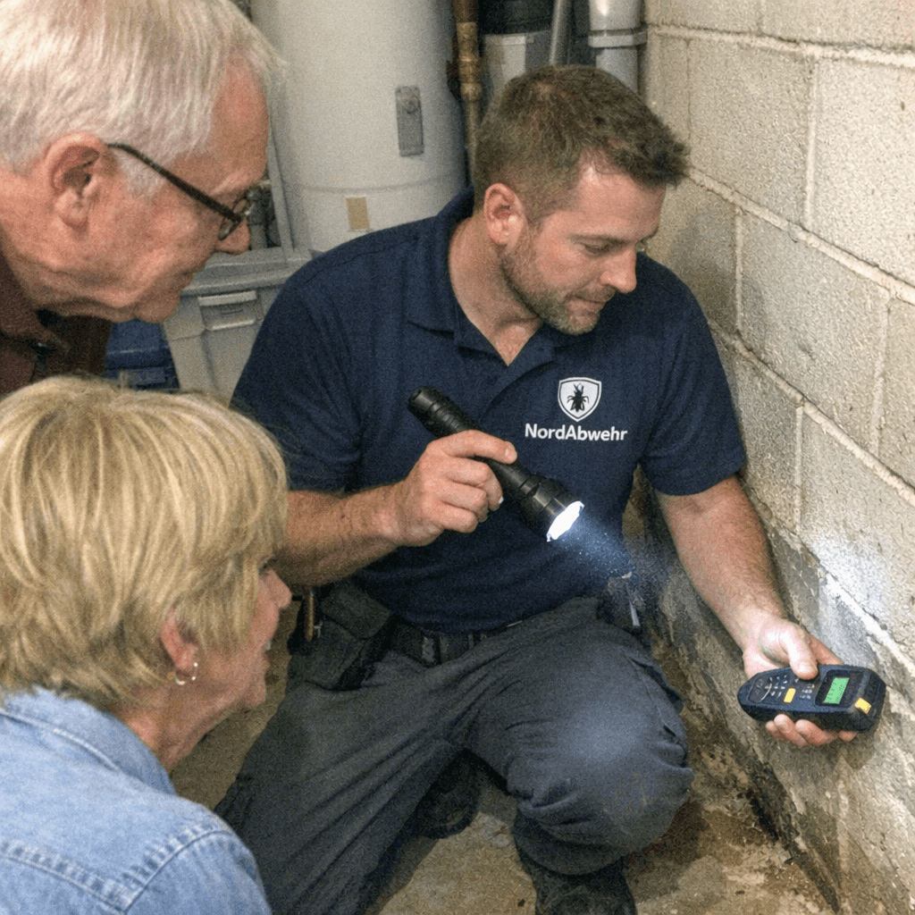 Team von Technikern bei der Planung von IPM Schädlingsbekämpfung Maßnahmen im Büro.